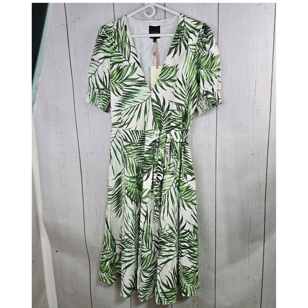 Alex Marie Wrap Dress Womens 12 White Green Palm Leaf Tropical Linen Blend Midi